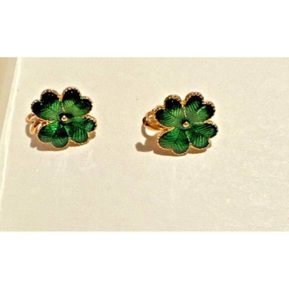 Vintage Avon Green Enamel Gold Tone Lucky Four Leaf Clover Clip On‎ Earrings